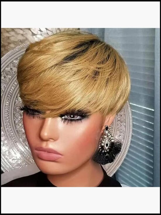 Short Pixie Cut Wig Human Hair Glueless Lightweight Bangs Layered Curly Natural main image 4